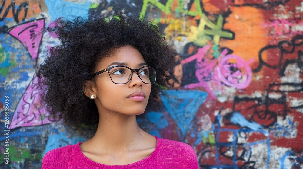 Fototapeta premium A young woman thinking with question marks on a colorful background, leaving space for copy. A young female in glasses and a pink shirt having an idea while looking at doodle arrows above an isolated 