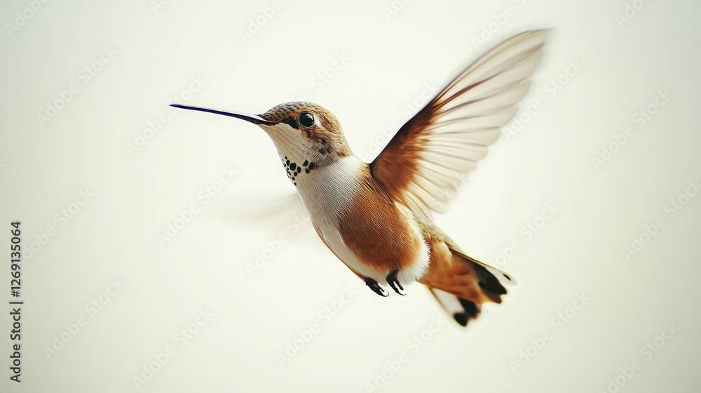 Fototapeta premium A tiny hummingbird hovering in midair, delicate wings blurred against a white background