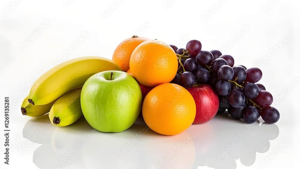 A high-resolution, isolated image of a heap of fresh, colorful fruits (such as apples, bananas, oranges, and grapes) arranged in an appealing composition. A high-resolution, isolated image of a heap of fresh, colorful fruits (such as apples, bananas, oranges, and grapes) arranged in an appealing composition.
