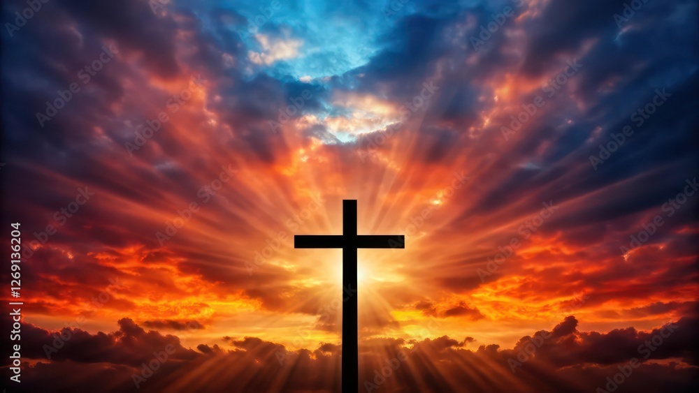 Cross silhouette against a dramatic sky with vibrant colors Cross silhouette against a dramatic sky with vibrant colors