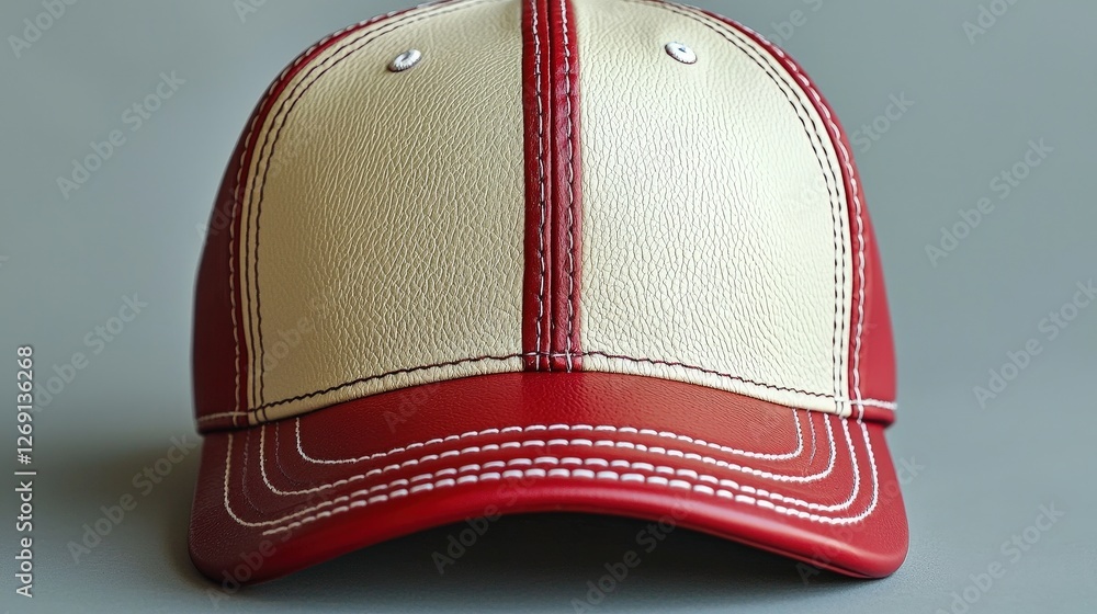 Fototapeta premium a red and white baseball cap sits on a grey background