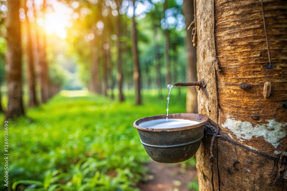 Rubber Tree Tapping: Latex Flowing into Collection Cup - Sustainable Harvest