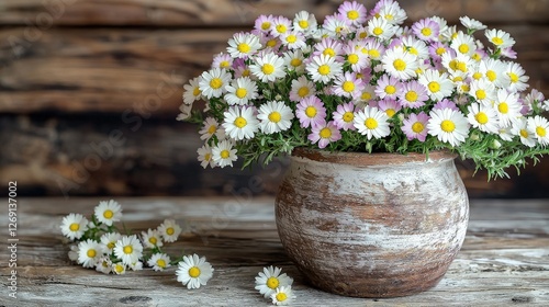Wallpaper Mural a charming still life featuring a bouquet of daisy-like flowers in a rustic pot Torontodigital.ca