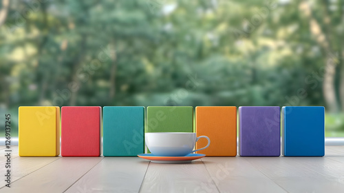 Colorful blocks, coffee cup, window, nature view;  relaxation concept