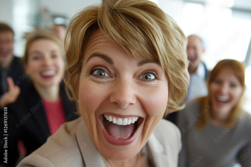 Businesswoman expressing joy with team support Businesswoman expressing joy with team support