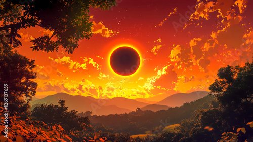 Anime-inspired concept art featuring a breathtaking sky, a vibrant sunset, and a mesmerizing landscape with a dramatic eclipse. Stunning AI-generated anime-style illustration