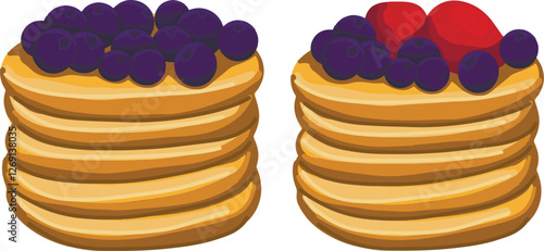 set of golden brown pancakes stack topped with fresh raspberry, blueberry.