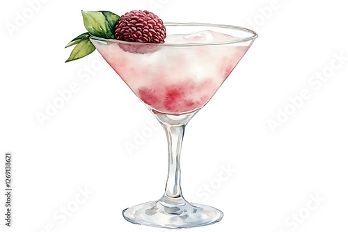 Watercolor image of lychee martini, done in soft neutral tones, isolated on a white background.