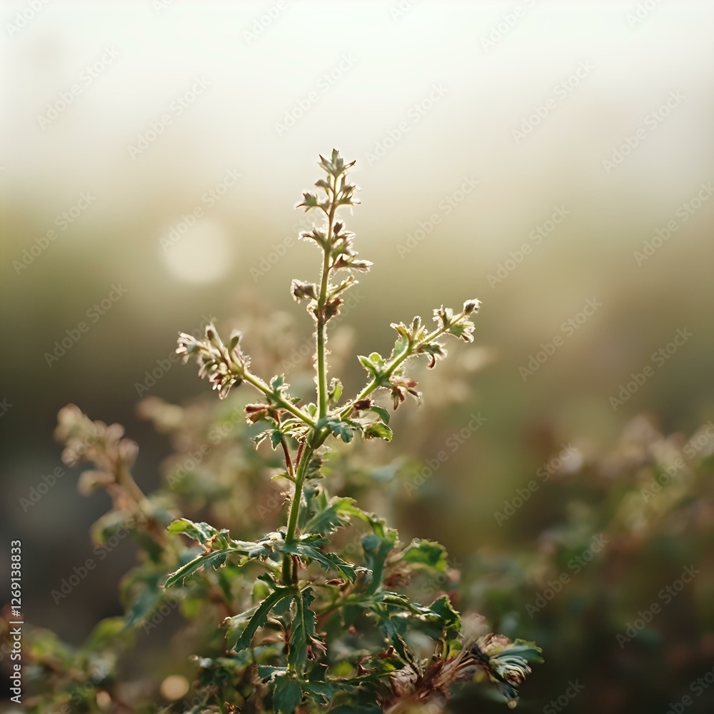 The image shows a close-up of a plant with small, delicate buds on its stems, illuminated by warm sunlight, with a soft, out-of-focus background. The image shows a close-up of a plant with small, delicate buds on its stems, illuminated by warm sunlight, with a soft, out-of-focus background.