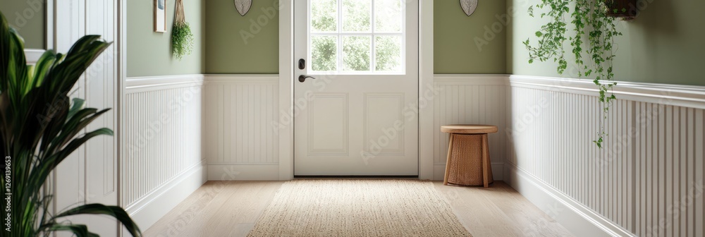 Fototapeta premium Serene Entryway With White Paneling And Greenery