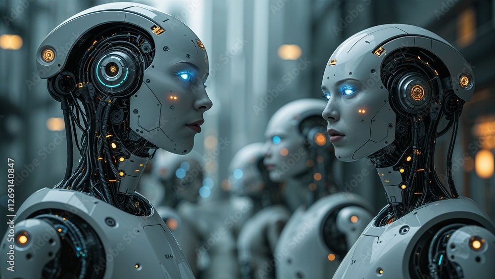 Fototapeta premium Futuristic Robots in a High-Tech Facility,robot cyborg person