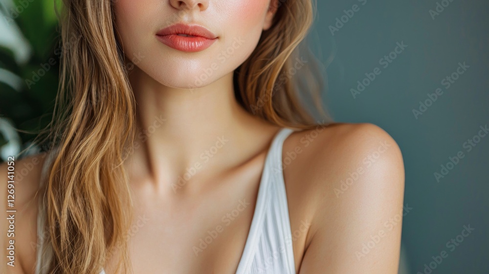 Soft light illuminates a woman's torso, showcasing her natural beauty. The gentle contours harmonize with the tranquil background, exuding a peaceful vibe that resonates with confidence Soft light illuminates a woman's torso, showcasing her natural beauty. The gentle contours harmonize with the tranquil background, exuding a peaceful vibe that resonates with confidence