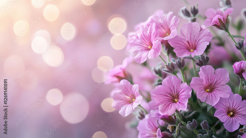 Obraz premium Vibrant flowers in shades of purple and pink create a lovely bouquet perfect for Mothers Day, enhanced by soft bokeh lights in the background adding a celebratory touch. Banner, Copy space