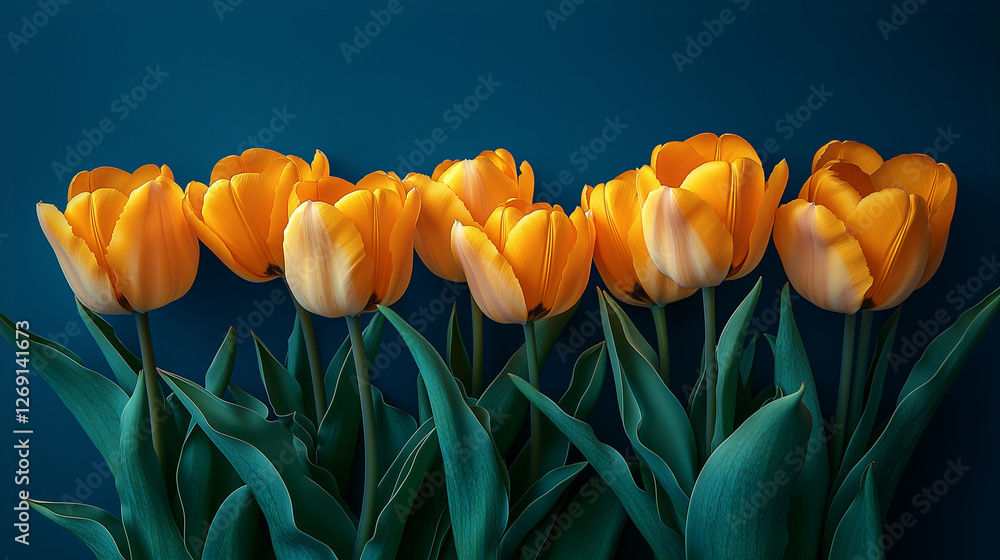 Obraz premium Bright yellow tulips arranged against a dark blue background in a minimalist floral display showcasing nature's beauty