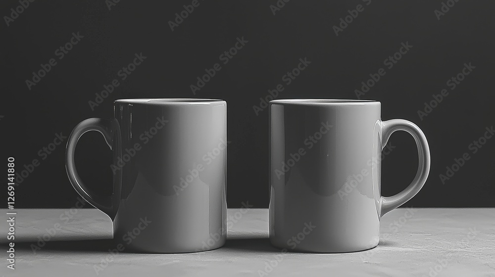 two coffee mugs on a table in front of a dark background. The mugs are clean and empty, ready for your beverage. two coffee mugs on a table in front of a dark background. The mugs are clean and empty, ready for your beverage.