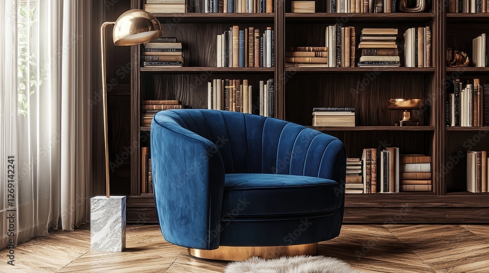 Elegant Blue Velvet Armchair in a Luxurious Library Setting Elegant Blue Velvet Armchair in a Luxurious Library Setting
