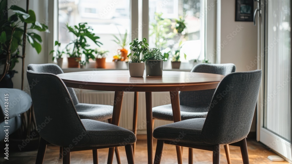 Obraz premium A functional and aesthetically pleasing dining table, accompanied by four stylish chairs in a cozy home setting.