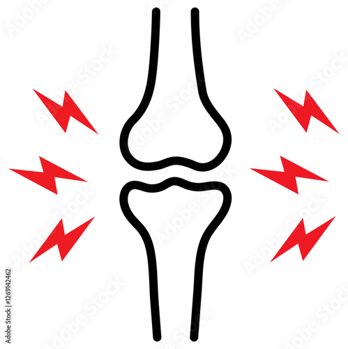 Painful joint icon for medical presentation. Leg joint ache graphic for hospital and clinic. Human knee pain vector in anatomical style. Injury vector showing damaged knee joint. Vector illustration 