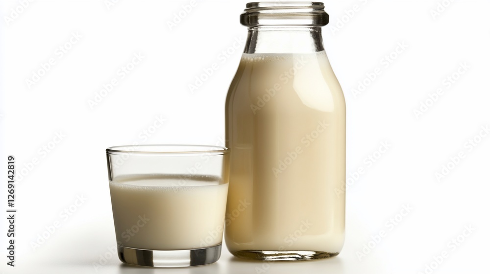 Glass of Milk and Bottle of Milk on White Background Glass of Milk and Bottle of Milk on White Background