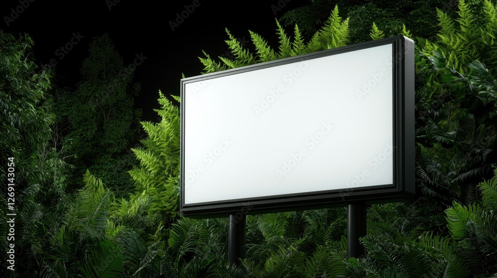 Fototapeta premium A blank billboard stands amidst lush greenery, illuminated against a dark backdrop, ready for advertising or messaging.