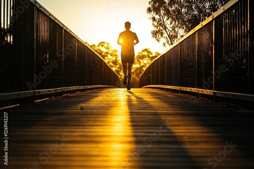 Un corredor avanza por un puente iluminado por el sol, creando una silueta inspiradora en la tarde dorada. photo