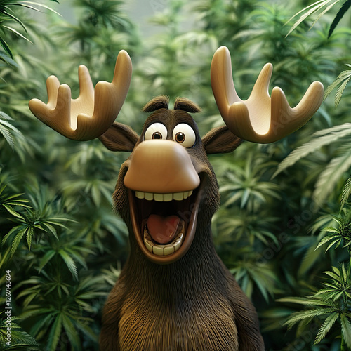 3D funny happy cartoon elk on a field with marijuana. Illustration for printing on fabric, paper, packaging.