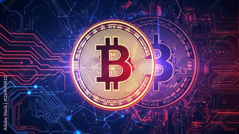 Digital cryptocurrency bitcoin animation with futuristic blockchain technology and glowing circuitry Digital cryptocurrency bitcoin animation with futuristic blockchain technology and glowing circuitry