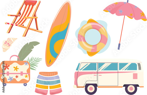 Summer set. Cute set of stickers for your diary. Collection of scrapbooking elements for a beach party. Tropical vacation.