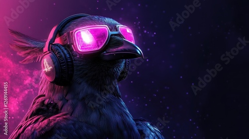 Cool crow DJ headphones neon night party photo