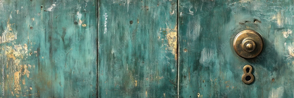 Weathered Teal Door With Brass Lock And Number Eight Weathered Teal Door With Brass Lock And Number Eight