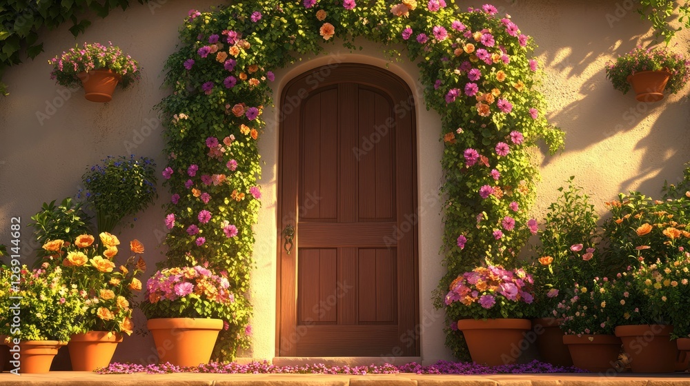 A house entrance adorned with symmetrical potted plants and a charming floral archway. A house entrance adorned with symmetrical potted plants and a charming floral archway.