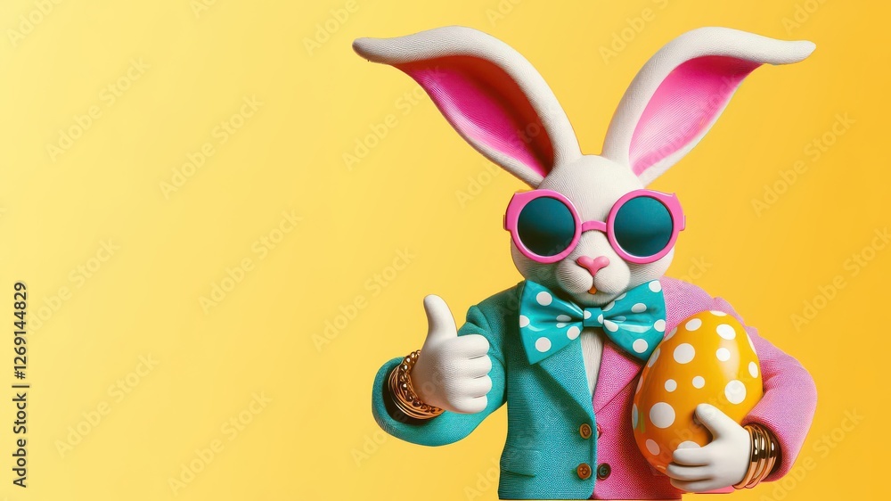 Fototapeta premium 3D cute easter rabbit in colorful clothes and cool sunglasses on pastel background with copy space, idea of modern easter bunny thumbs up