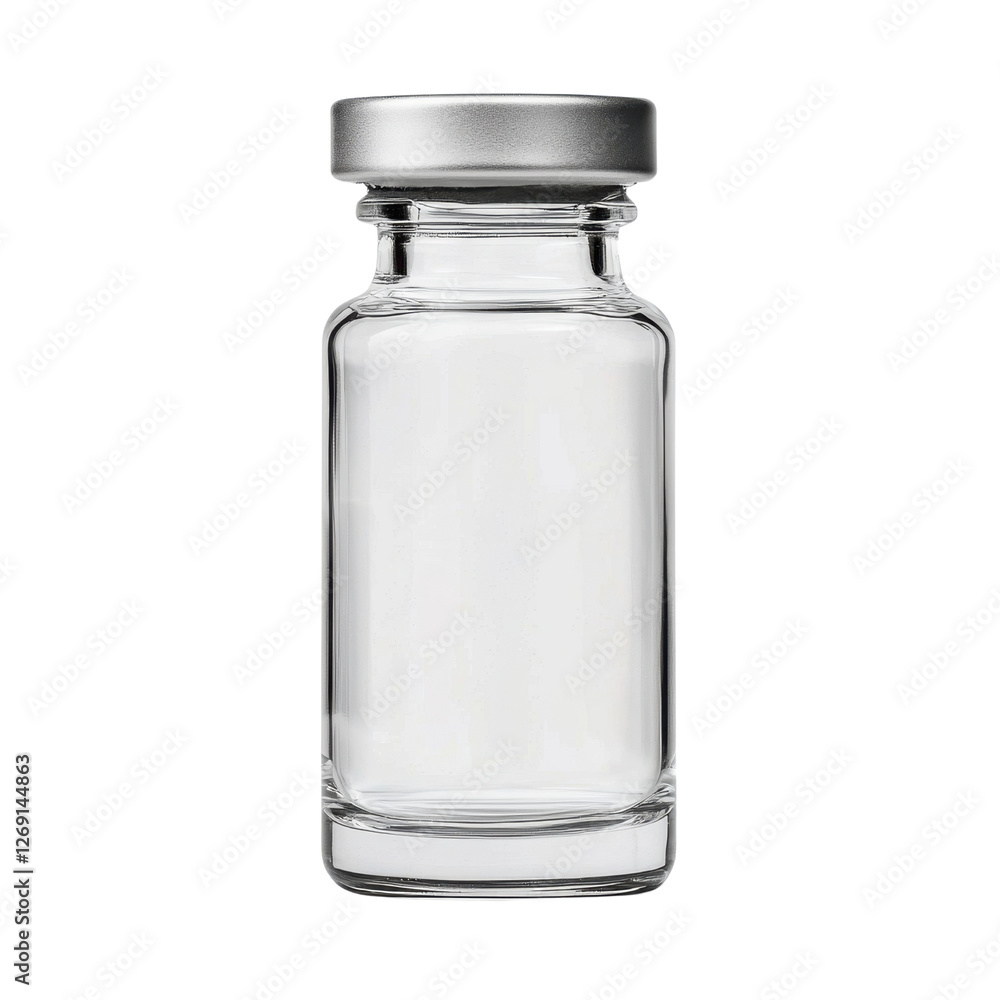Clear Glass Vaccine Bottle with Metallic Silver Cap, Perfect for Storing Liquids, Medicine, or Cosmetics in a Modern Kitchen or Laboratory Setting Clear Glass Vaccine Bottle with Metallic Silver Cap, Perfect for Storing Liquids, Medicine, or Cosmetics in a Modern Kitchen or Laboratory Setting
