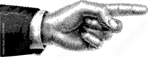 Finger pointing gesture, indicating aside, showing. Pointer sign. Halftone old style vector isolated on white background.
