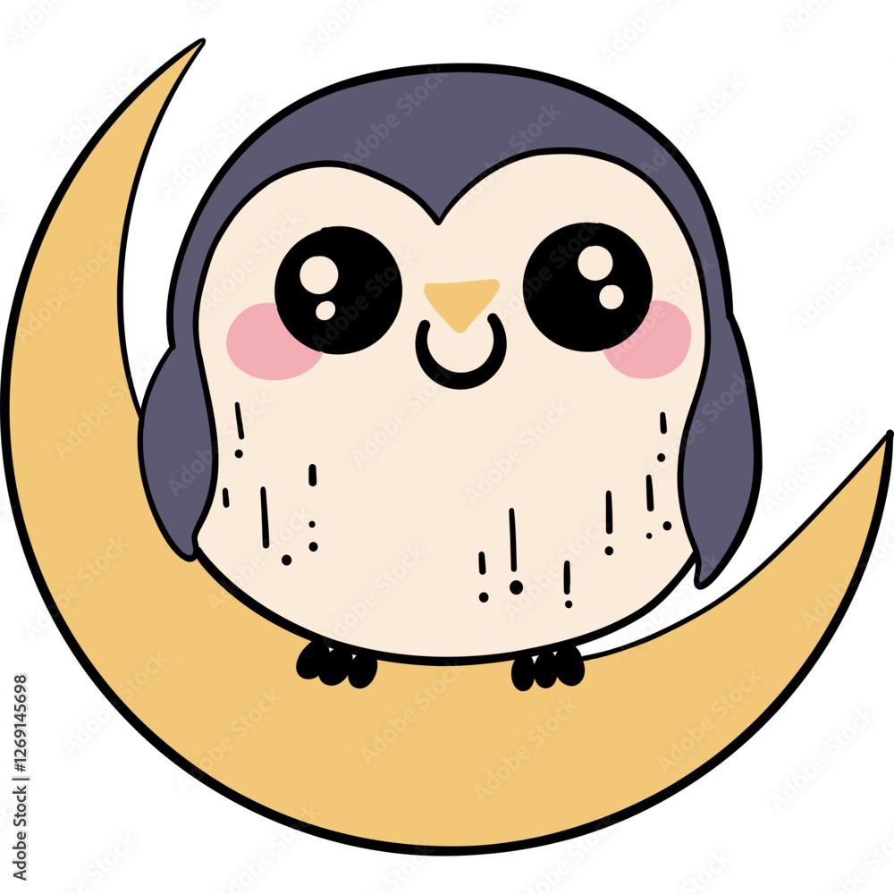 Cute cartoon owl sitting on a crescent moon, smiling happily.