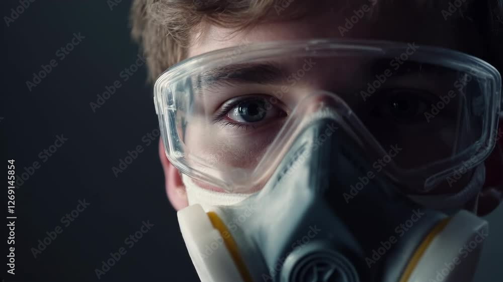 Young scientist intensely observing with protective gear for safety and precision Young scientist intensely observing with protective gear for safety and precision