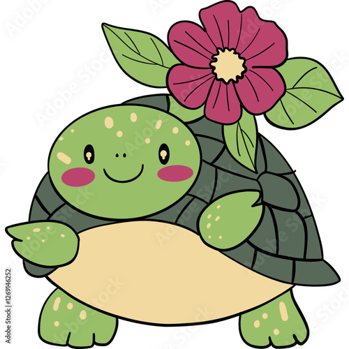 Cute turtle with a flower and leaves on its shell, smiling cheerfully.