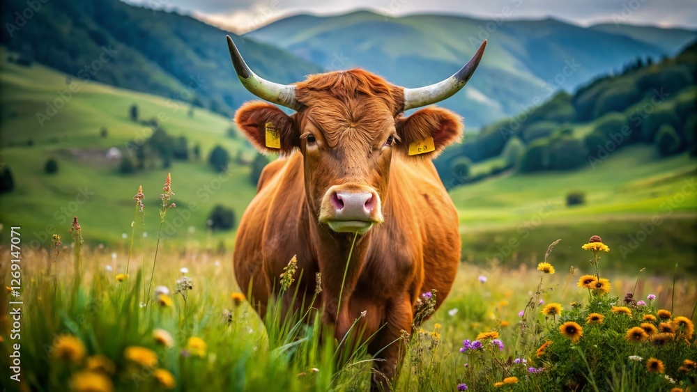 Salers Cow in Cantal Meadow: Close-Up Macro Photography of a French Cattle Breed Salers Cow in Cantal Meadow: Close-Up Macro Photography of a French Cattle Breed