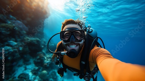 Wallpaper Mural Smiling diver taking a selfie underwater amidst vibrant coral reefs Torontodigital.ca
