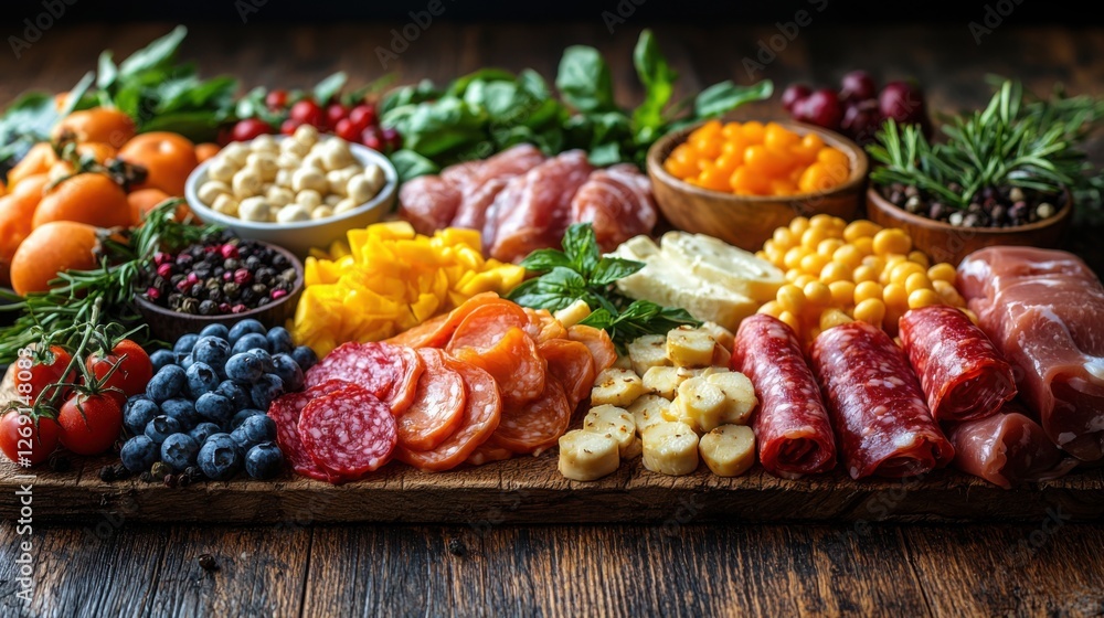 A vibrant display of assorted fruits, meats, and cheeses arranged aesthetically on a wooden surface, showcasing fresh ingredients in an inviting manner.