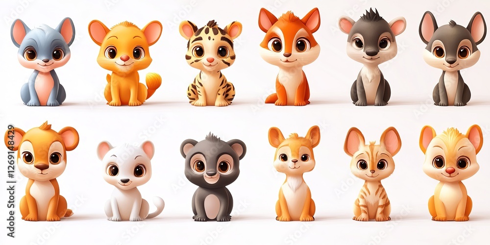 Fototapeta premium Playful 3D baby animal set, featuring multiple species, perfect for digital use, isolated on white background 