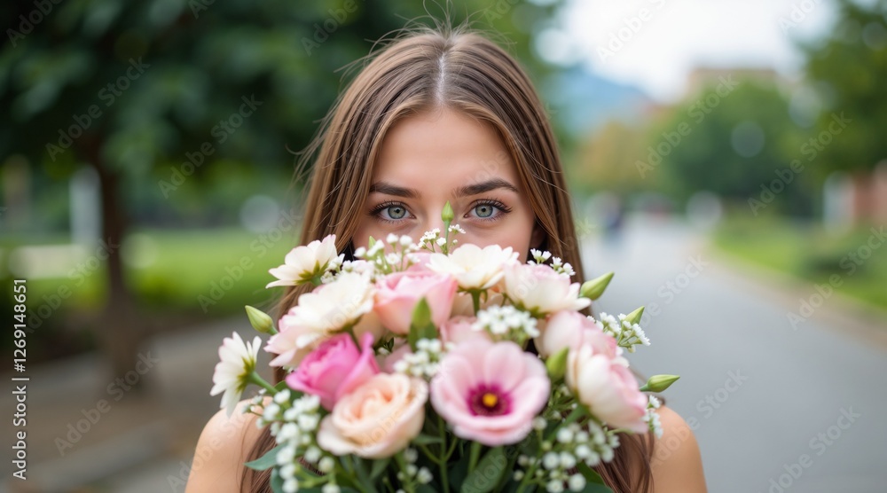 Young woman holding a bouquet of flowers in front of her face with a joyful expression Young woman holding a bouquet of flowers in front of her face with a joyful expression