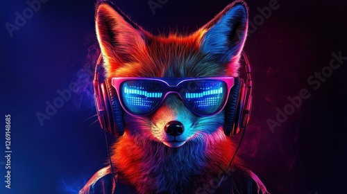 Cool fox DJ headphones neon music
