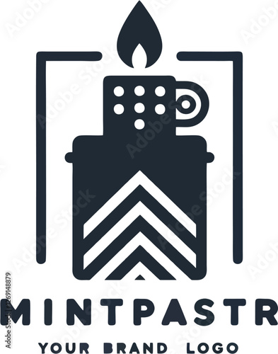 This image shows a minimalist logo design for a brand named "MINTPASTR" with the tagline "YOUR BRAND LOGO." The logo consists of an illustration of a windproof lighter with a flame on top. The top of 