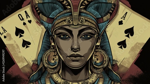 Egyptian queen portrait, playing cards background, digital art, fashion photo