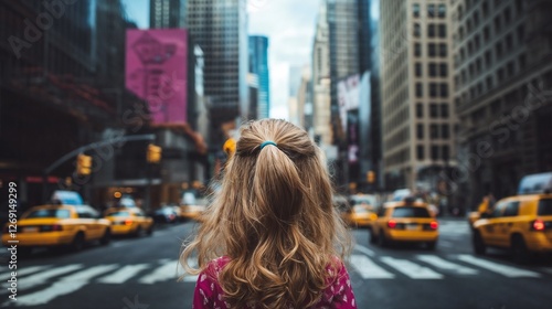 Little girl with hair bows looking at yellow taxis in New York City. Perfect for travel, urban childhood, and city lifestyle content