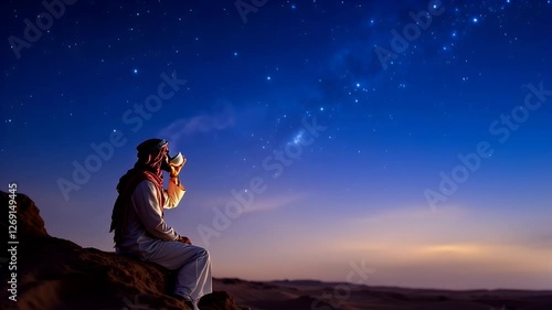 Desert Night Serenity: A Man Contemplates the Starry Sky