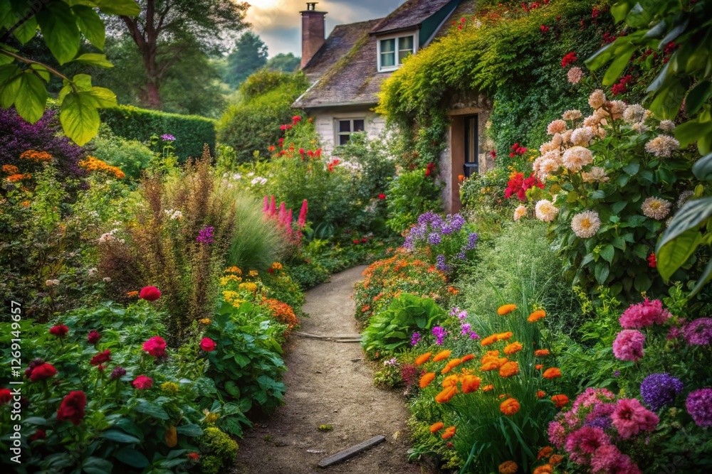 Naklejka premium Secret Garden Path: Blooming Flowers & Vintage House - Urban Exploration Photography