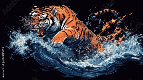 Wallpaper Mural Tiger leaping through water waves. Graphic art for print use Torontodigital.ca