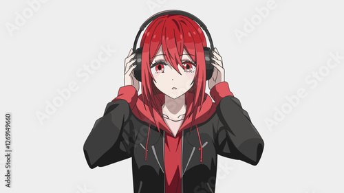 Red-Haired Anime Girl Wearing Headphones